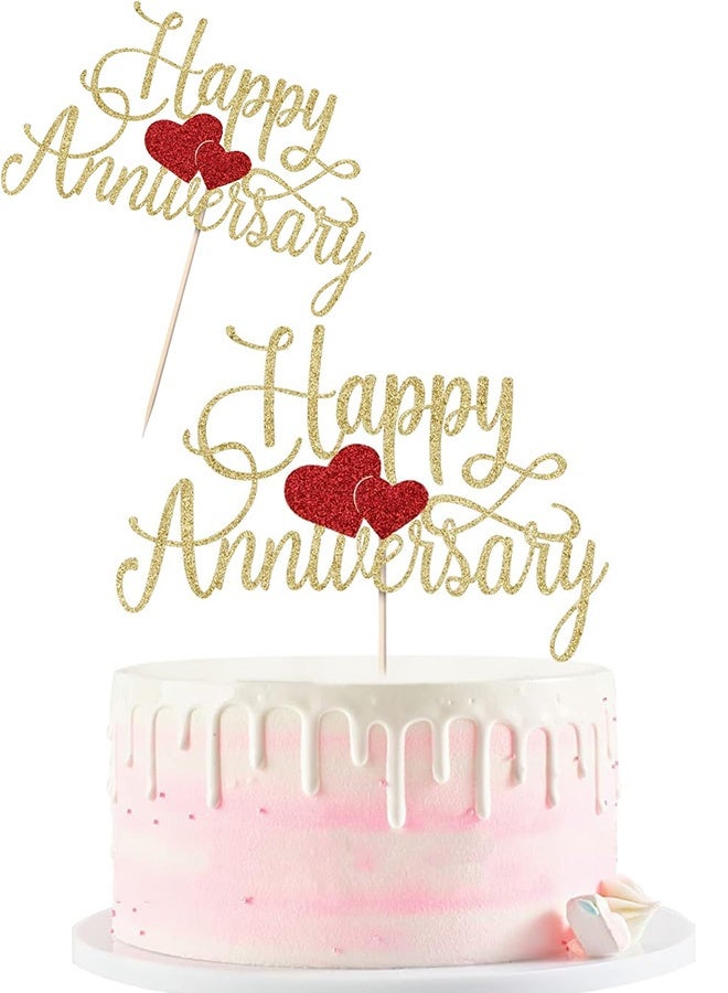 Happy Anniversary Gold Glitter Cake Topper with Red Hearts Premium Party Decoration for Wedding Anniversary Company Celebration Romantic Milestone Events Renewal of Vows Parents Anniversary Anniversary Dinner Parties - Image 1